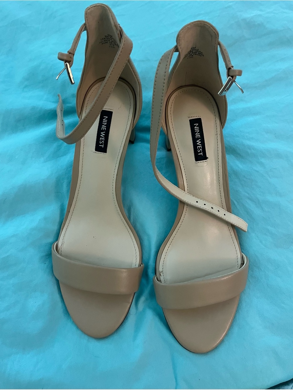 Nine West Beige Ankle-Strap Block Heel Sandals